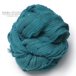 日式精品腔调重磅纯棉显白孔雀绿镂空拼接立体毛边褶皱围巾春秋冬