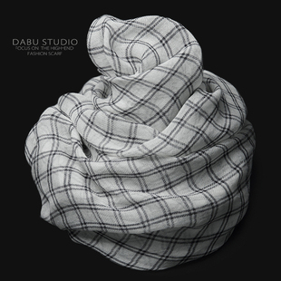 天选材质！黑白素雅日系格子超大薄款专柜真丝棉麻文艺围巾防嗮女