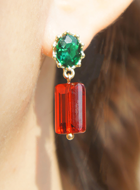 圣诞礼物！小众艺术耳环撞色红绿几何圆脸耳饰冬适合长脸