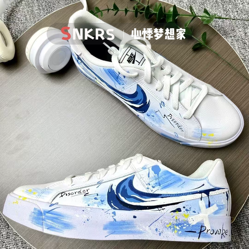 定制球鞋Nike Court Royale秩序风暴 做旧手绘复古低帮板鞋男女蓝