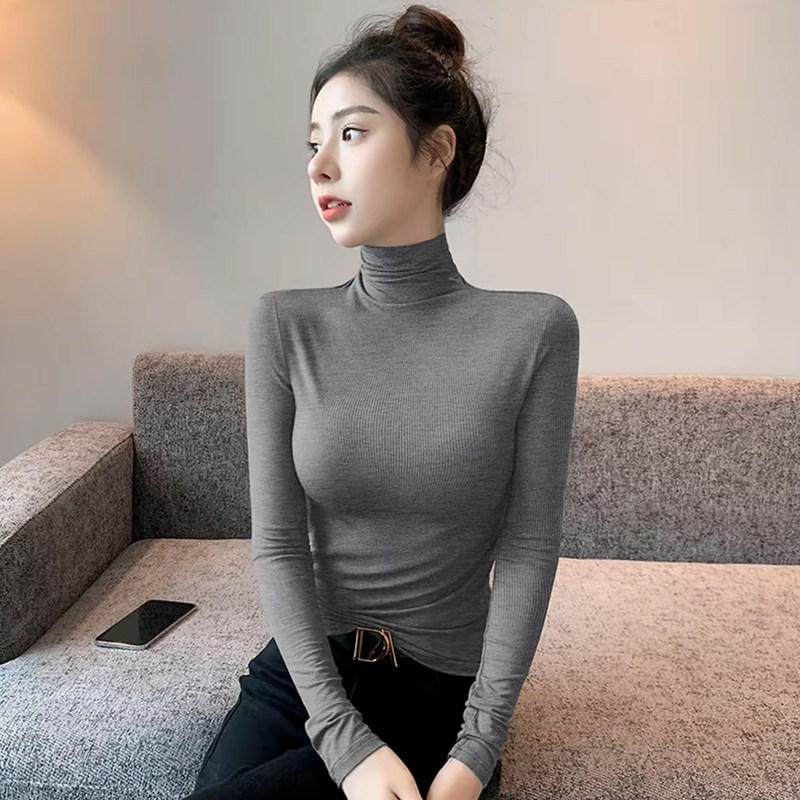 暗灰色高领螺纹打底衫女内搭早春新款修身纯色百搭洋气长袖女t恤