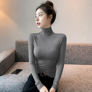 暗灰色高领螺纹打底衫女内搭早春新款修身纯色百搭洋气长袖女t恤