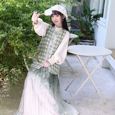 китайский костюм 十三余小豆蔻儿[天山雪莲]初秋日常格纹比甲国风短衫渐变下裙套装