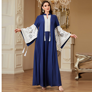 新款 连衣裙民族保守长裙 阿拉伯迪拜风精致刺绣长袍V领宝蓝开叉袖