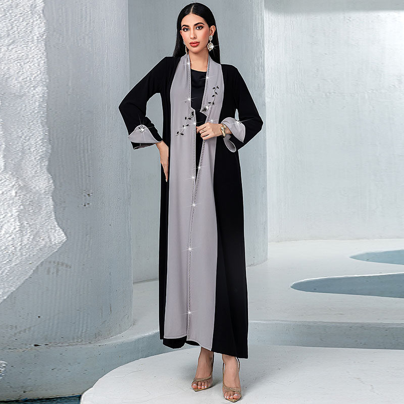 摩洛哥女性日常开衫裙民族风黑灰撞色手工缝钻款马来服饰大码长袍