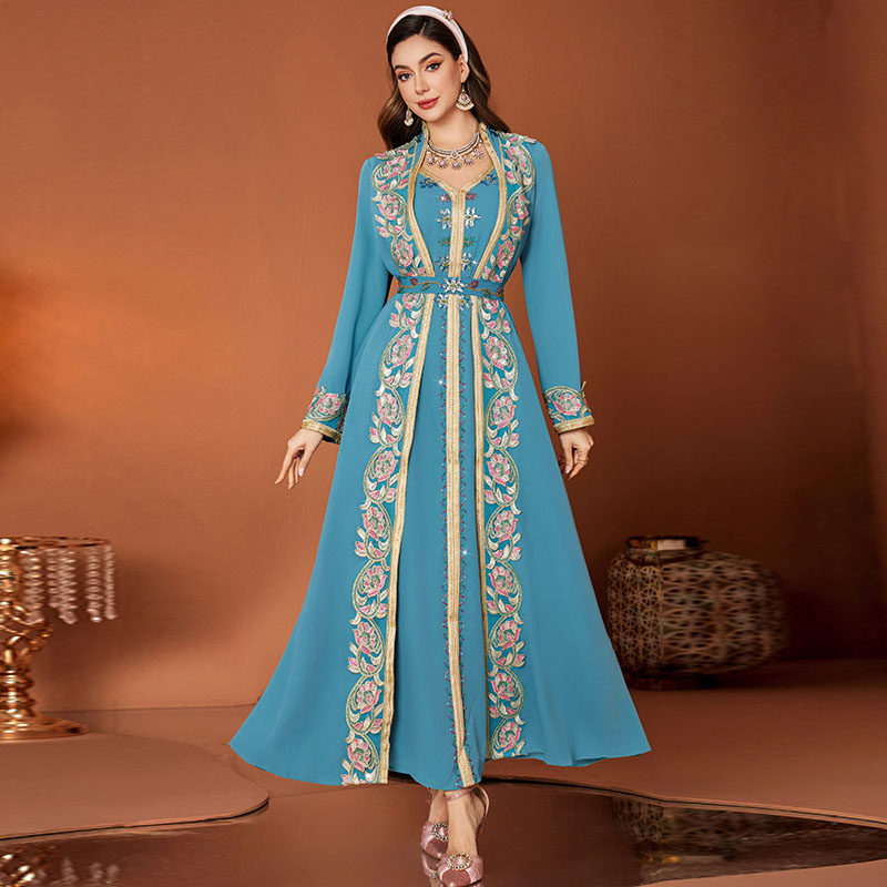 中东摩洛哥女装V领高档假两件连衣裙腰带迪拜风民族蕾丝花边长袍