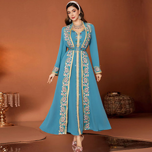 中东摩洛哥女装V领高档假两件连衣裙腰带迪拜风民族蕾丝花边长袍