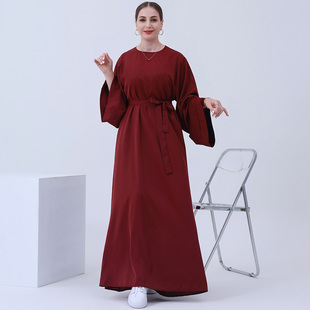 中东阿拉伯妇女服装圆领简约民族风迪拜风连衣裙系带高贵马来长袍