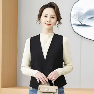 2026新款洋气V领双排扣马甲女修身短款通勤职业装外套