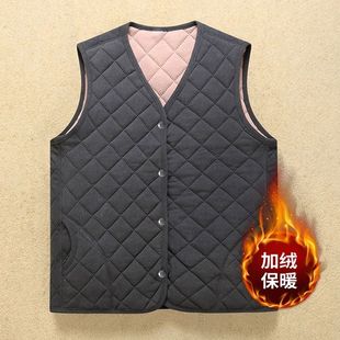 加绒加厚菱格纹马甲男冬季V领单排扣保暖背心防寒坎肩