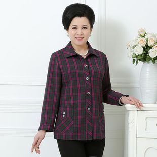 中老年春秋妈妈新款格子衬衫女上衣奶奶大码开衫口袋衬衣外套肥