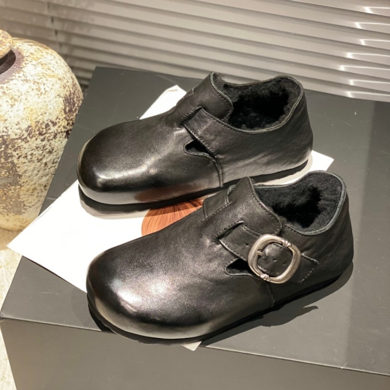 加绒勃肯鞋女2025新款冬季保暖休闲厚底包头百搭魔术贴扣带小皮鞋