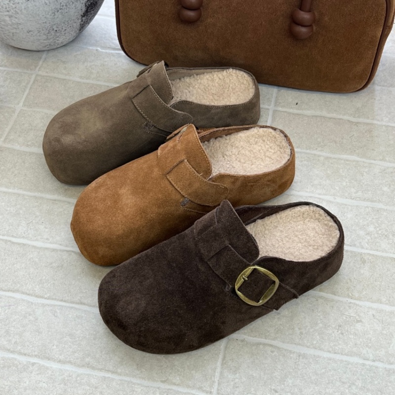 反绒皮勃肯鞋2025冬季新款包头拖鞋加绒保暖懒人鞋外穿半包拖鞋女