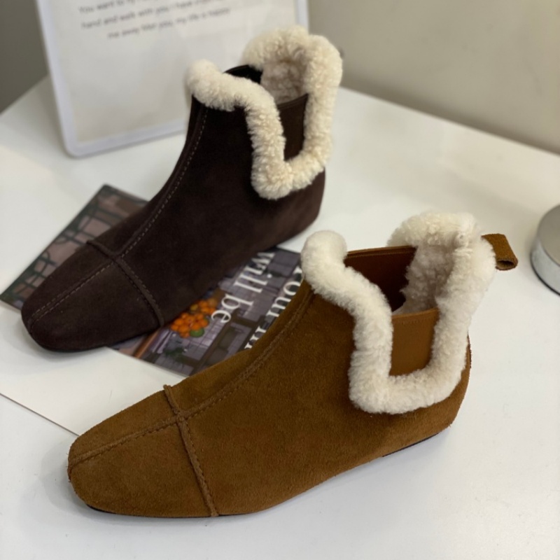 羊羔毛复古毛毛短靴女2025冬季新款平底切尔西靴加绒一脚蹬勃肯鞋