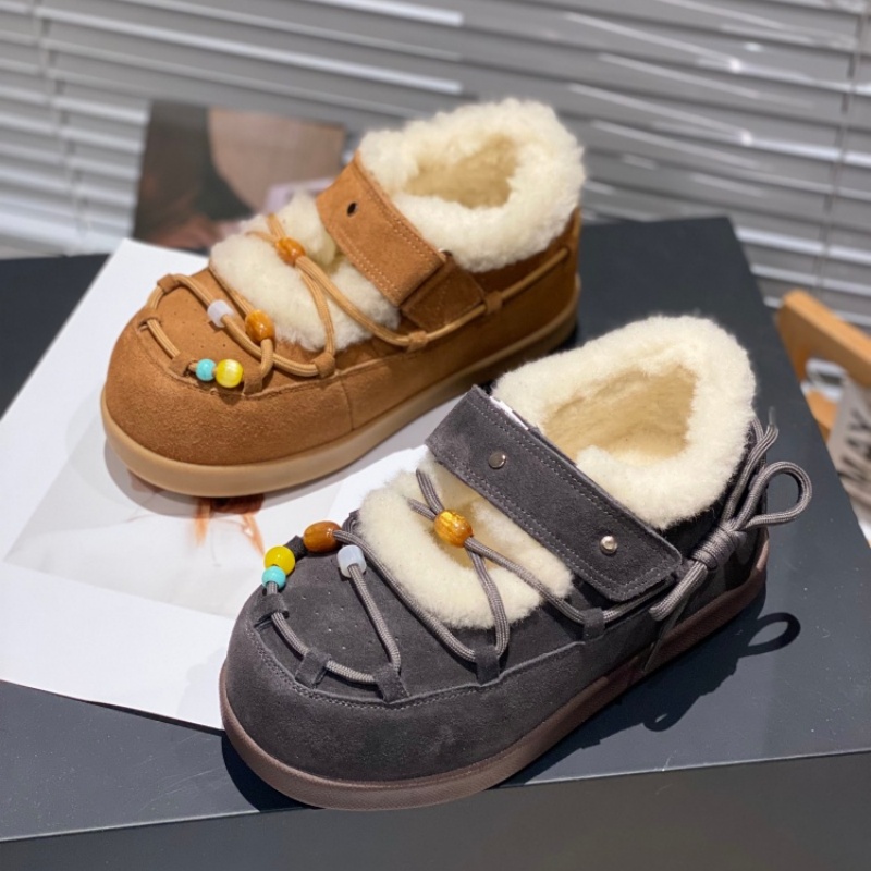 毛绒勃肯鞋女2025冬季新款加绒绑带面包鞋羊羔毛保暖棉鞋毛毛鞋女
