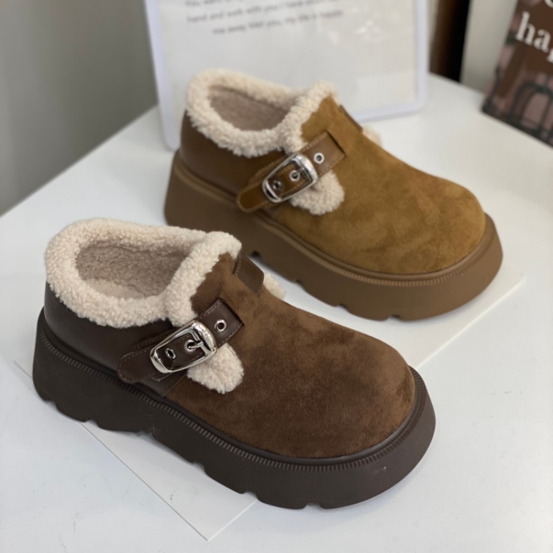 2025冬季新款羊羔毛厚底增高毛绒勃肯鞋女魔术贴一脚蹬外穿棉鞋女