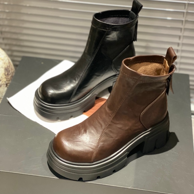 英伦风马丁靴女2025冬季厚底短靴松糕底增高后拉链牛皮切尔西靴女