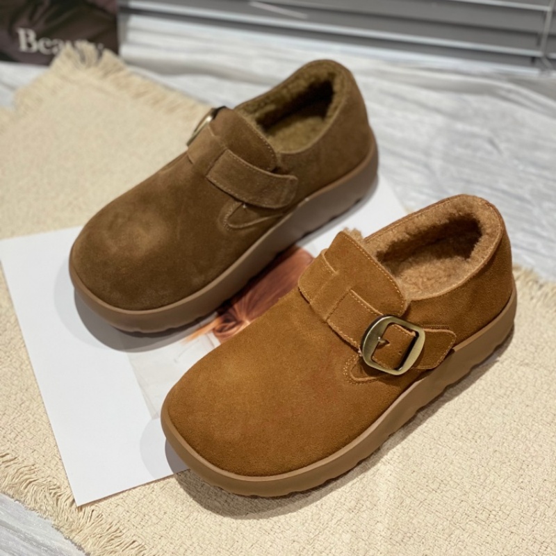 加绒勃肯鞋女2025冬季新款魔术贴保暖增高真皮平底鞋磨砂皮棉鞋女