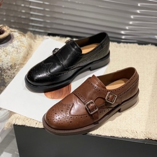 英伦风乐福鞋女2025新款圆头双扣带粗跟一脚蹬舒适百搭小皮鞋女款