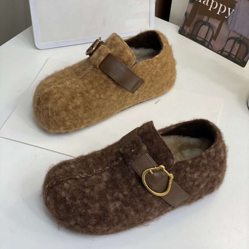 毛绒勃肯鞋女2025冬季新款金属搭扣一脚蹬懒人鞋舒适百搭休闲鞋女