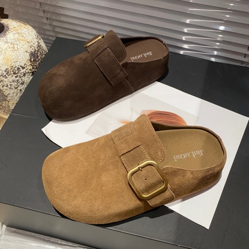 勃肯鞋女牛反绒金属扣圆头休闲鞋一脚蹬复古外穿懒人平跟舒适单鞋