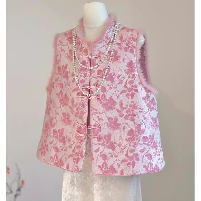 专柜大牌撤回尾单捡漏外贸高端粉色新中式仿水貂毛马甲女盘扣唐装,女装/女士精品,马夹,淘宝优惠券,粉丝福利购,淘宝优惠卷