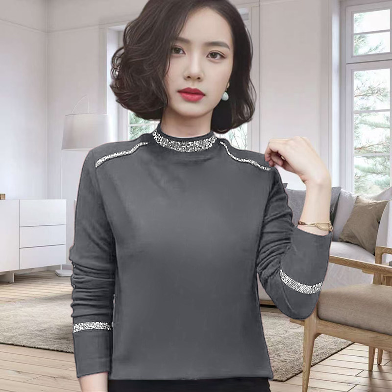 半高领烫钻打底衫女2025秋冬季新款韩版修身显瘦保暖内搭上衣体恤