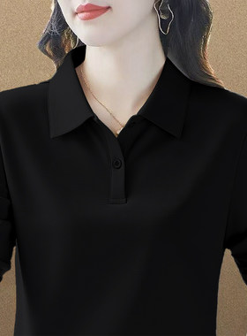 纯棉大码翻领polo衫长袖t恤女春秋新款洋气宽松显瘦减龄纯色上衣