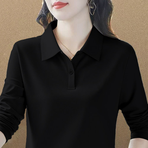 纯棉大码翻领polo衫长袖t恤女春秋新款洋气宽松显瘦减龄纯色上衣