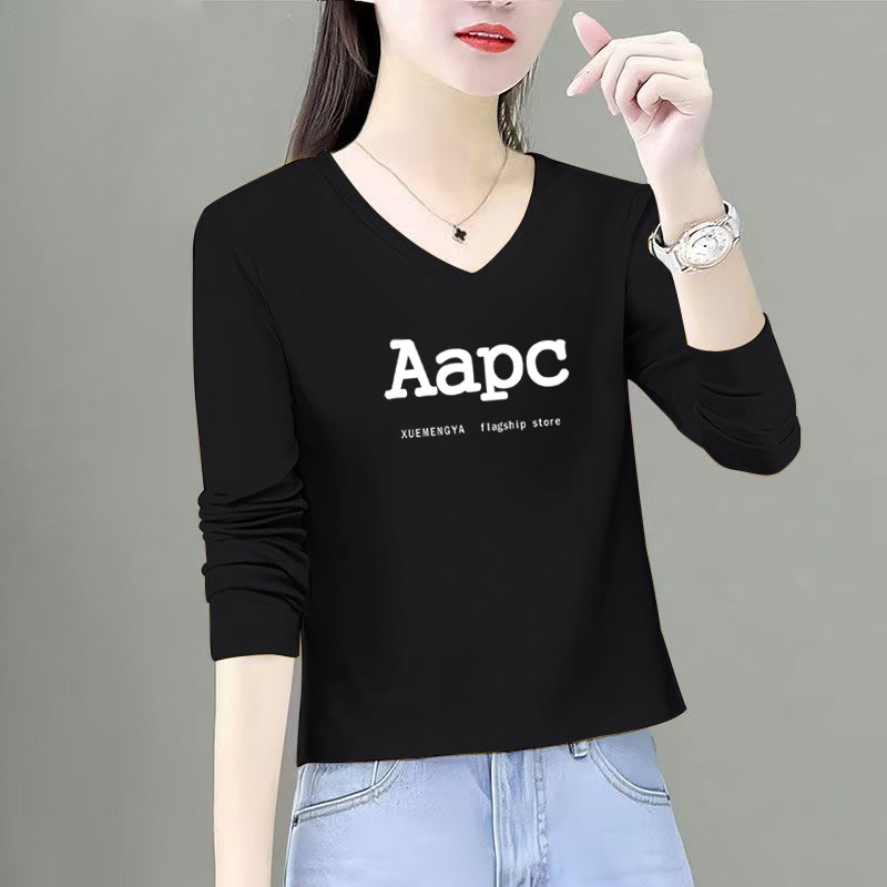 纯棉v领长袖T恤女春秋新款时尚洋气百搭宽松洋气小个子短款打底衫