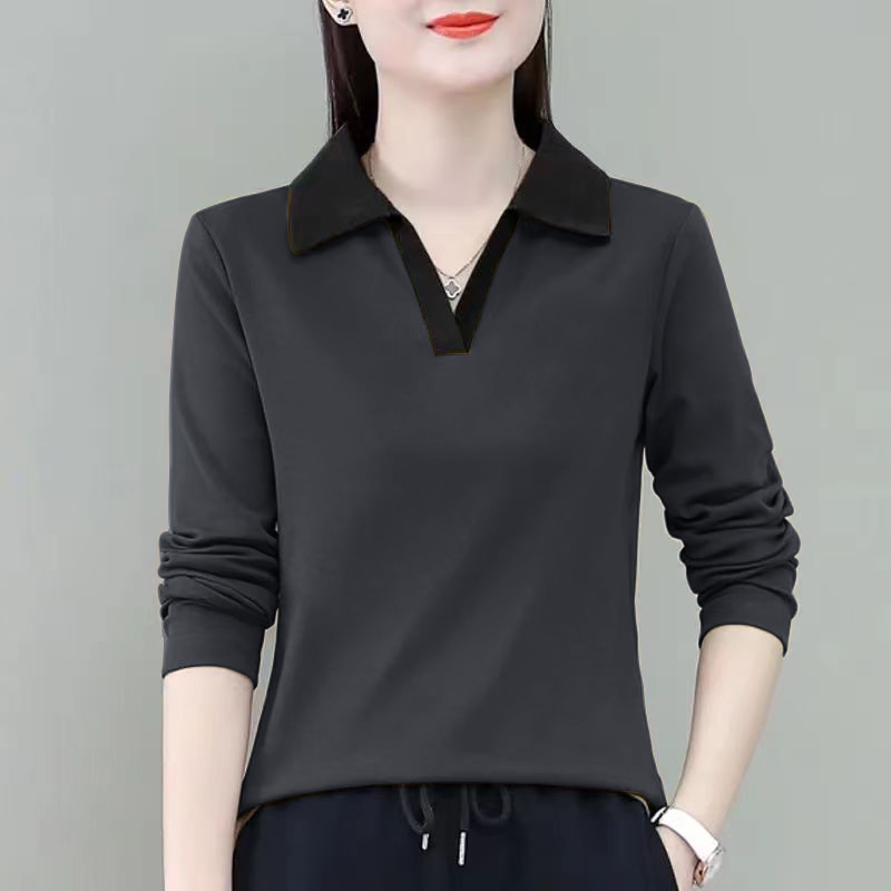 100%纯棉女翻领长袖T恤春秋季薄款时尚休闲宽松遮肉纯色百搭上衣