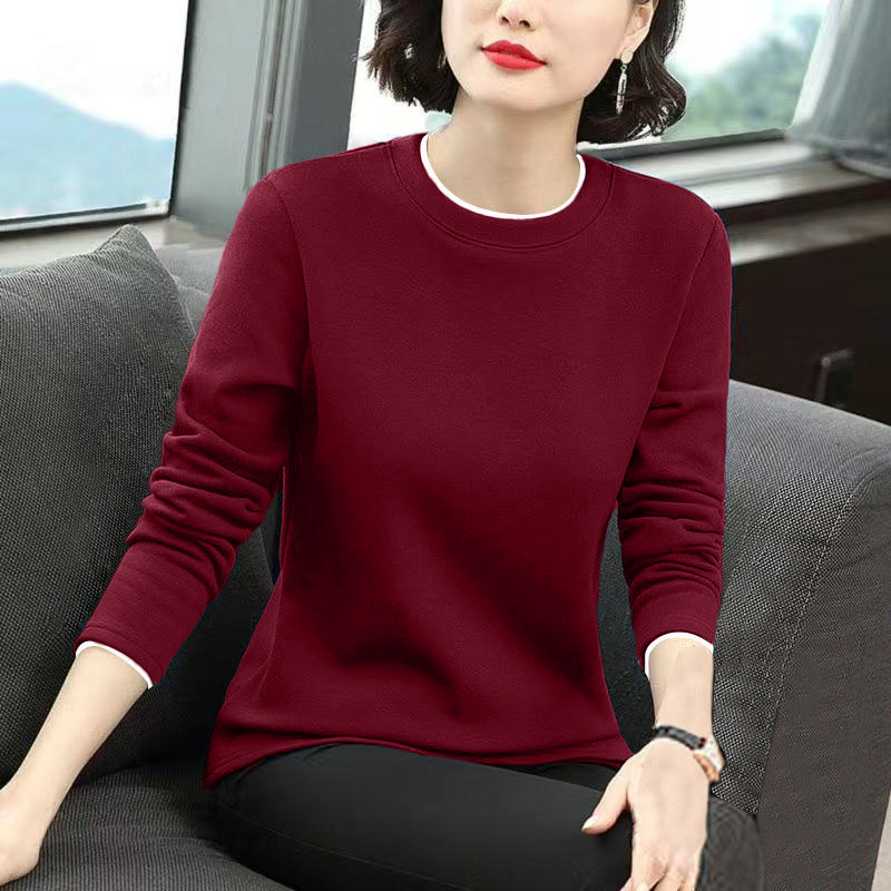 纯色圆领长袖t恤女2025春秋季新款韩版大码宽松时尚洋气纯棉上衣