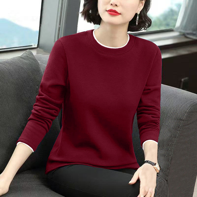 纯色圆领长袖t恤女2025春秋季新款韩版大码宽松时尚洋气纯棉上衣