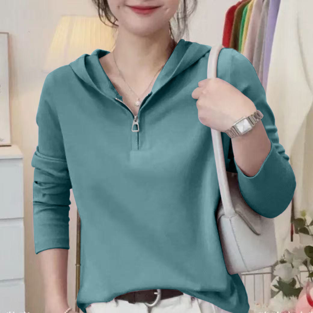 春秋季薄款连帽T恤卫衣女纯棉长袖时尚宽松新款韩版休闲百搭上衣