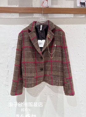 意大利品牌tensione in正品徽章饰格子毛呢西装外套上衣2025秋冬