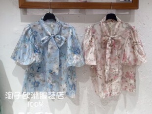 上衣气质2026春夏女 衬衫 意大利品牌p6正品 复古印花领系带纽扣短袖