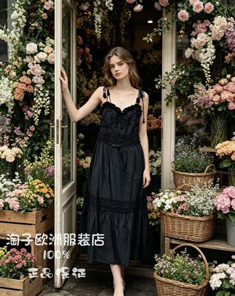意大利品牌le streghe正品花边料装饰复古系带吊带连衣裙2026春夏