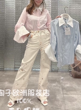 意大利品牌joleen正品时尚条纹拼色宽松系扣长袖衬衫上衣2026春夏
