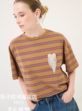 意大利品牌kikisix正品胸花装饰圆领宽松条纹短袖T恤上衣2025秋冬