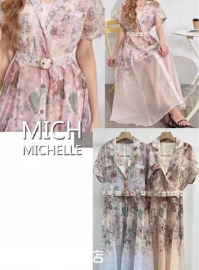 意大利品牌michelle正品时尚配腰带含内衬短袖印花连衣裙2026春夏