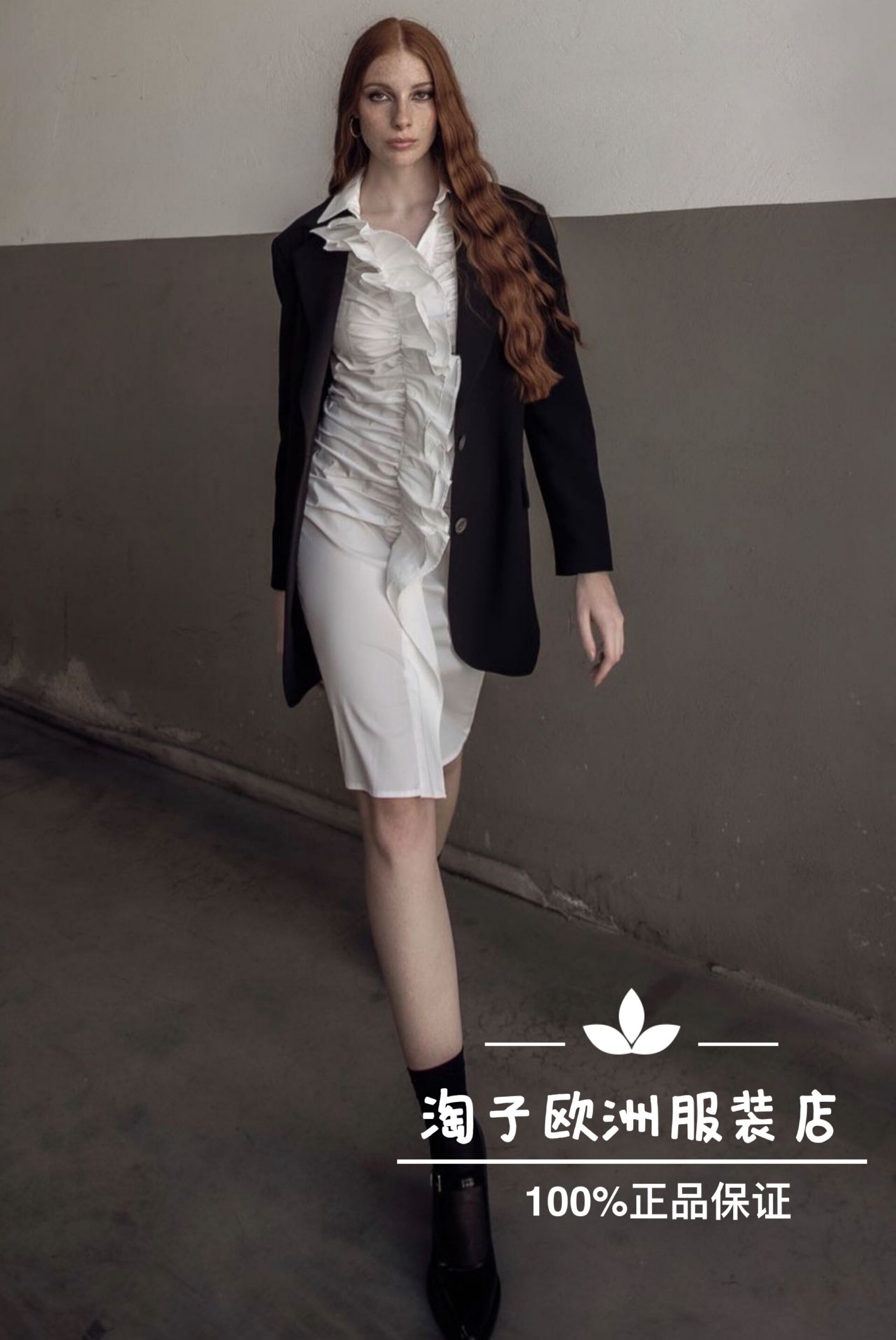 特价意大利品牌motel正品褶皱木耳边长袖衬衫连衣裙秋冬女装现货