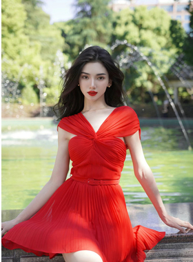 SP原2024春夏季法式复古红色雪纺斜肩百褶收腰连衣裙礼服聚会短裙
