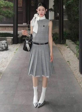 SP纯原小香风2025春夏新款灰色格纹无袖背心上衣半裙套装气质百搭