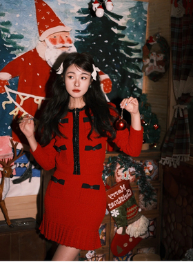 SP原2024秋冬新款红色珠片蝴蝶结V领气质小香风包臀针织上衣半裙