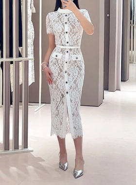 SP原2025早春新款白色气质蕾丝网纱镂空刺绣拼接修身短袖连衣长裙