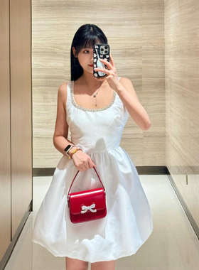 SP2024春夏新款白色钻饰圆领吊带设计感花苞收腰连衣裙女短裙气质