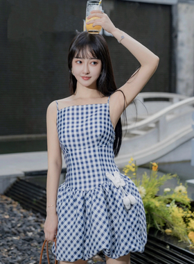 SP纯原2025春夏新款蓝色格子吊带连衣裙女短裙蓬蓬裙甜美可爱少女