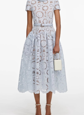 SP纯原2025春夏新款蓝色蕾丝钩花腰带短袖连衣裙名媛气质礼服裙女