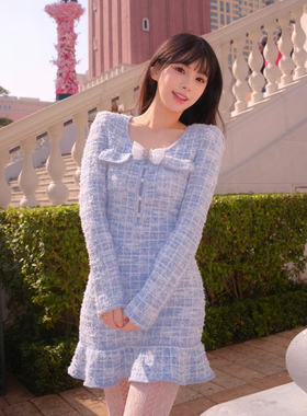 SP纯原2025春秋新款蓝色小香风蝴蝶结可拆卸针织连衣裙修身短裙女