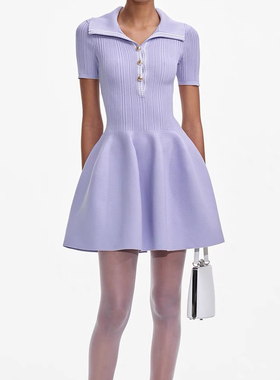 SP纯原2025春夏新款紫色小香风翻领收腰短袖针织连衣裙女气质名媛